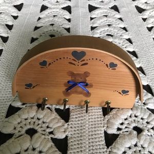Vintage 80’s Teddybear & Heart Keyring Wooden Holder With Blue Ribbon Bow tie